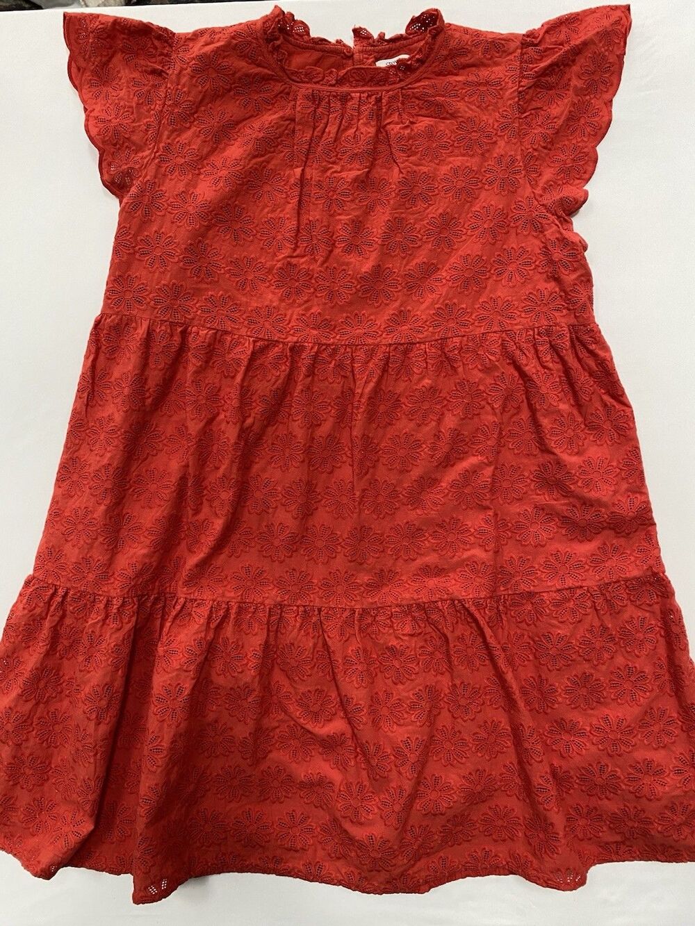 Crown & Ivy Red Floral Eyelet Flutter Sleeve Tiered Mini Dress XL Cottagecore